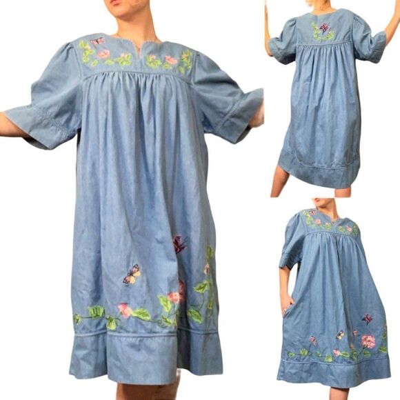 Vintage Dresses & Skirts - Vintage Denim Midi Dress S Blue Floral Butterfly Embroidered Puff Sleeve Kidcore